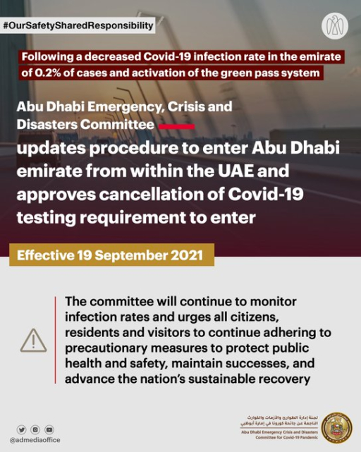 cancellation of Covid-19 testing requirements to enter Abu Dhabi from the other emirates 
